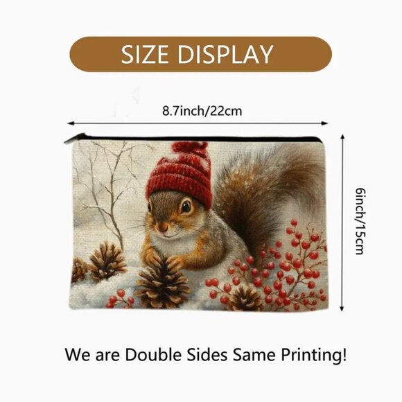 Squirrel in Red Hat w Pine Comb Holiday Makeup Cosmetic Bag Zipper Lightweight - Picture 2 of 2
